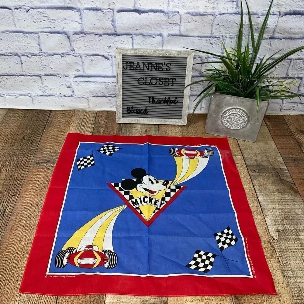 Vintage Walt Disney Mickey Mouse Race Car Bandana Scarf JA Woronowicz NJ NOS Red